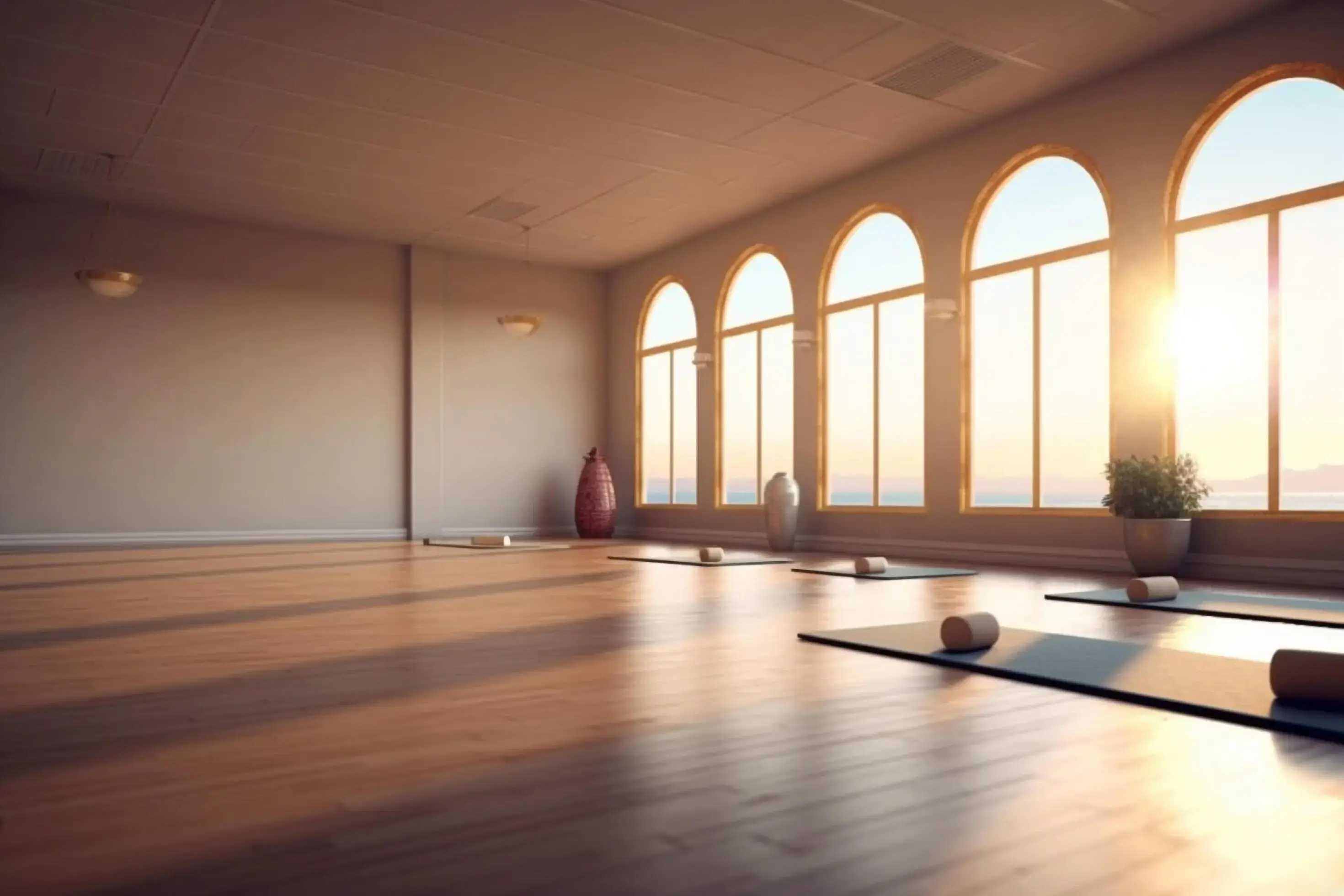 Sunlight streaming into the serene, empty yoga studio.