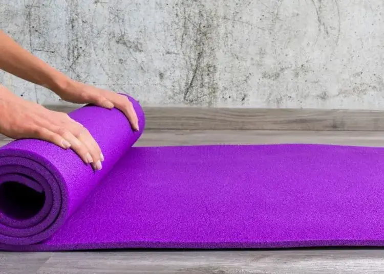 A variety of colorful yoga mats rolled up and stored neatly.